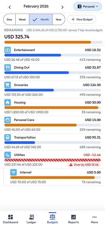 The same app on a phone: one full-width budget row per category with its usage bar, spent and remaining, sized for a thumb.