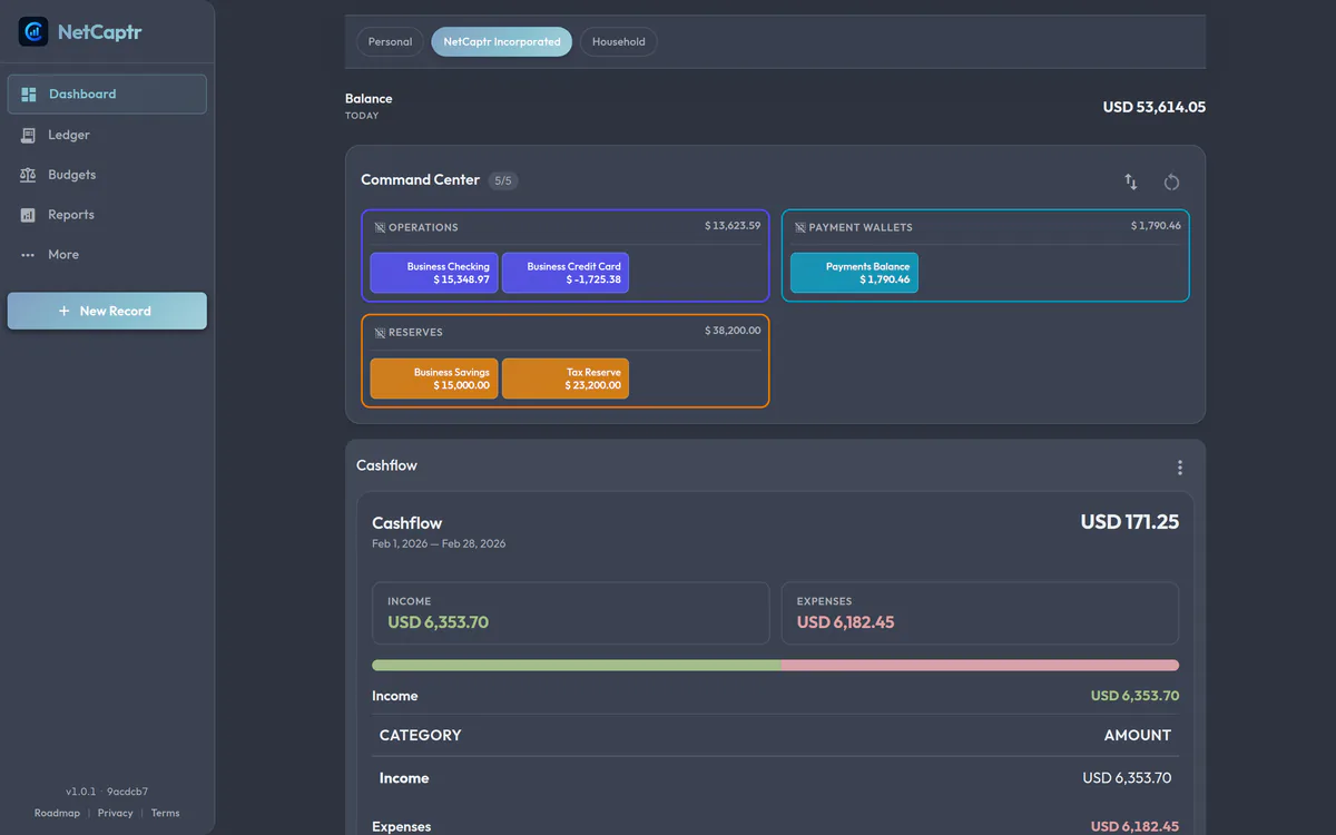 The business side in the dark Nord theme: Operations, Reserves and Payment Wallets groups holding business checking, a tax reserve and payment accounts.
