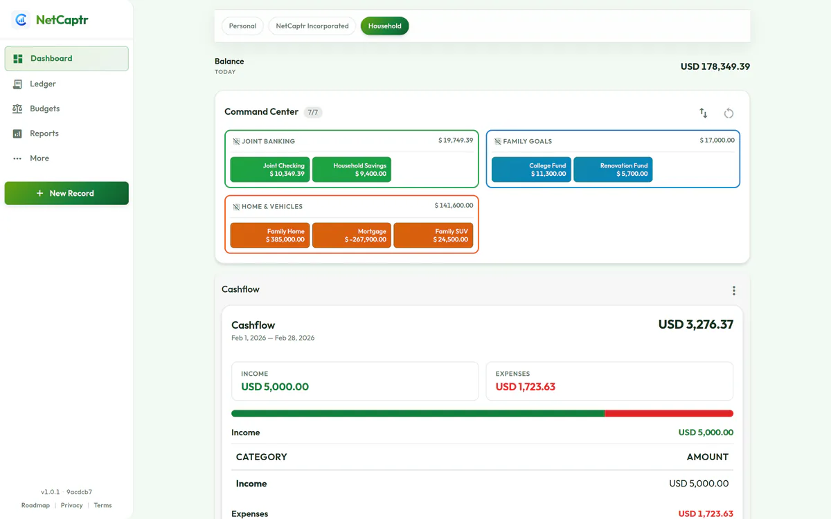 The home side in the green Meadow theme: Joint Banking, Home and Vehicles, and Family Goals groups holding the family home, its mortgage and a college fund.