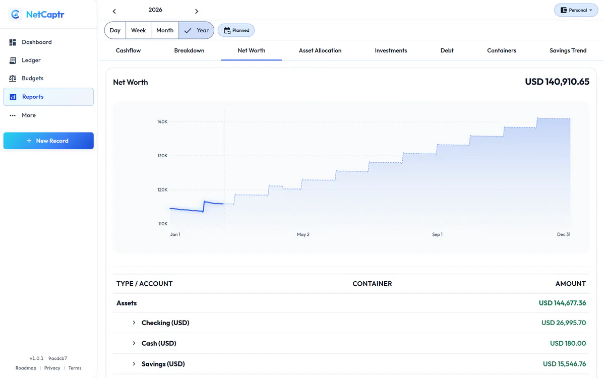 The net worth report on the year view with what is still to come switched on: actual figures through today, then a line stepping month by month to December.